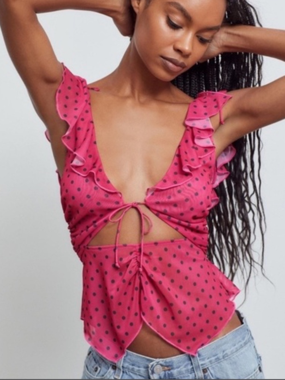 Urban Outfitters Pink Polka Dot Ruffle Tie-Front Camisole